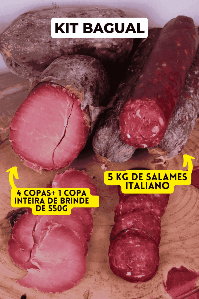 Kit Bagual: 5KG de Salames Suíno Defumados Italiano +4 Copas Suína Defumadas (550g Mais Verde ou 400g Sequinha) + 1 Copa Mais verde de 550g de Brinde  