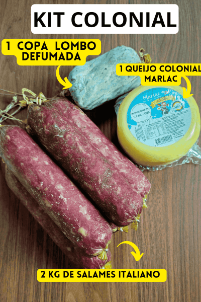 Kit Colonial: 2kg de Salames Suíno Defumados Italiano +1 Copa Suína Defumada (550g Mais verde ou 400g Sequinha) +1 Queijo Colonial Amanteigado Marlac (800g) + 1 Rapadura de Melado e Amendoim de Brinde