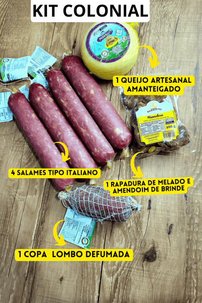 Kit Colonial: 4 Salames Suíno Defumados Tipo Italiano Meia cura(500g cada) ou Curados(320g cada) +1 Copa Suína Defumada Meia cura(550g) ou Curada(400g) +1 Queijo Colonial Artesanal Federici (800g) +1 Rapadura de Melado e Amendoim de Brinde Inclusa